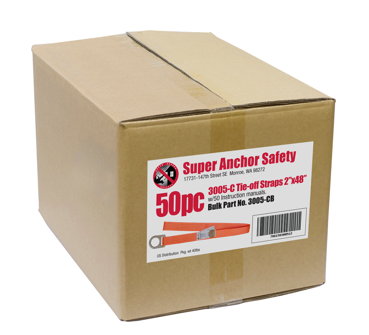 Superanker 48' Tie RABATT Strap. D-Ring und Loop End. Signalorange. 50 Stücke 3005-CB