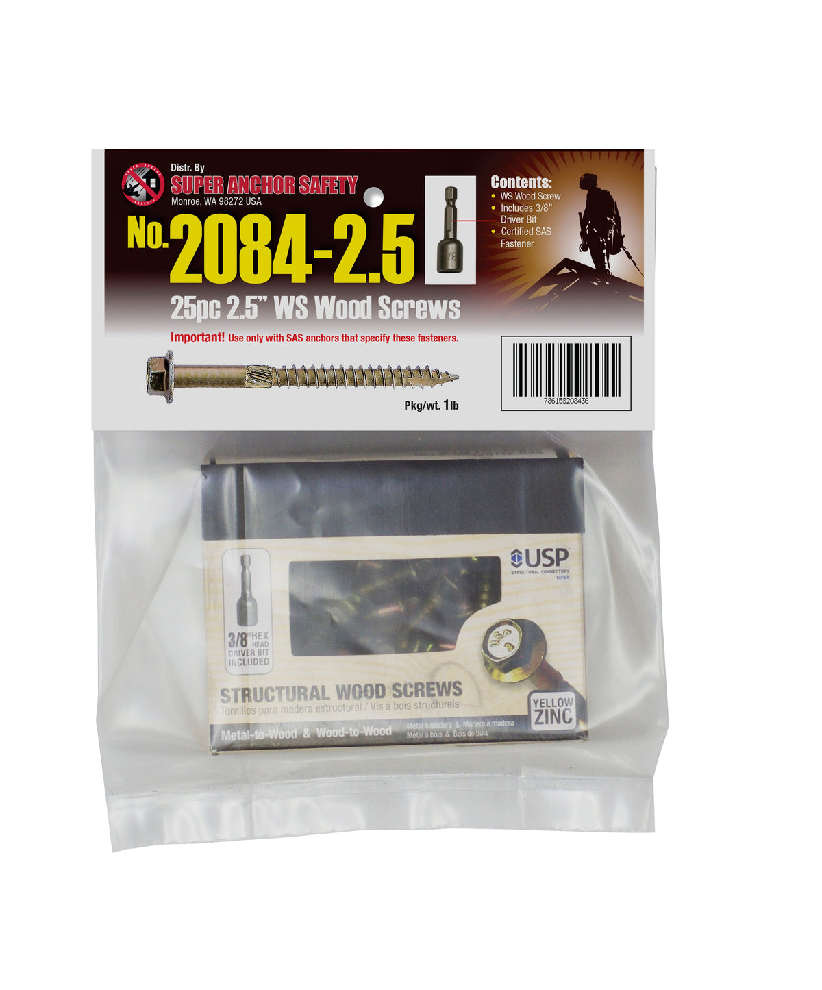 Super Anchor Safety Hex Head WS Screw w / 3/8' Driver (25pc) - 2084