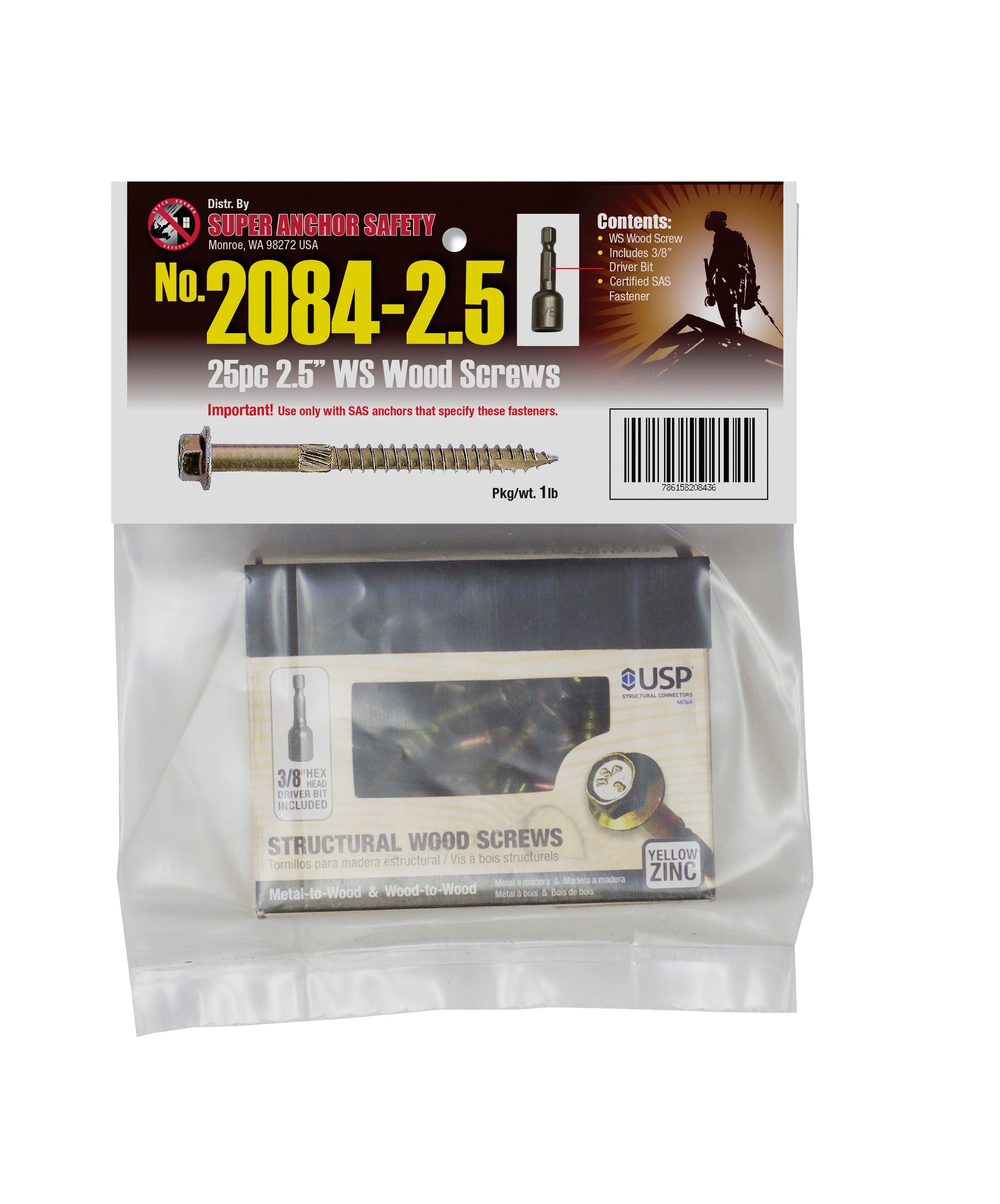 Super Anchor Safety Hex Head WS Screw w / 3/8' Driver (25pc) - 2084