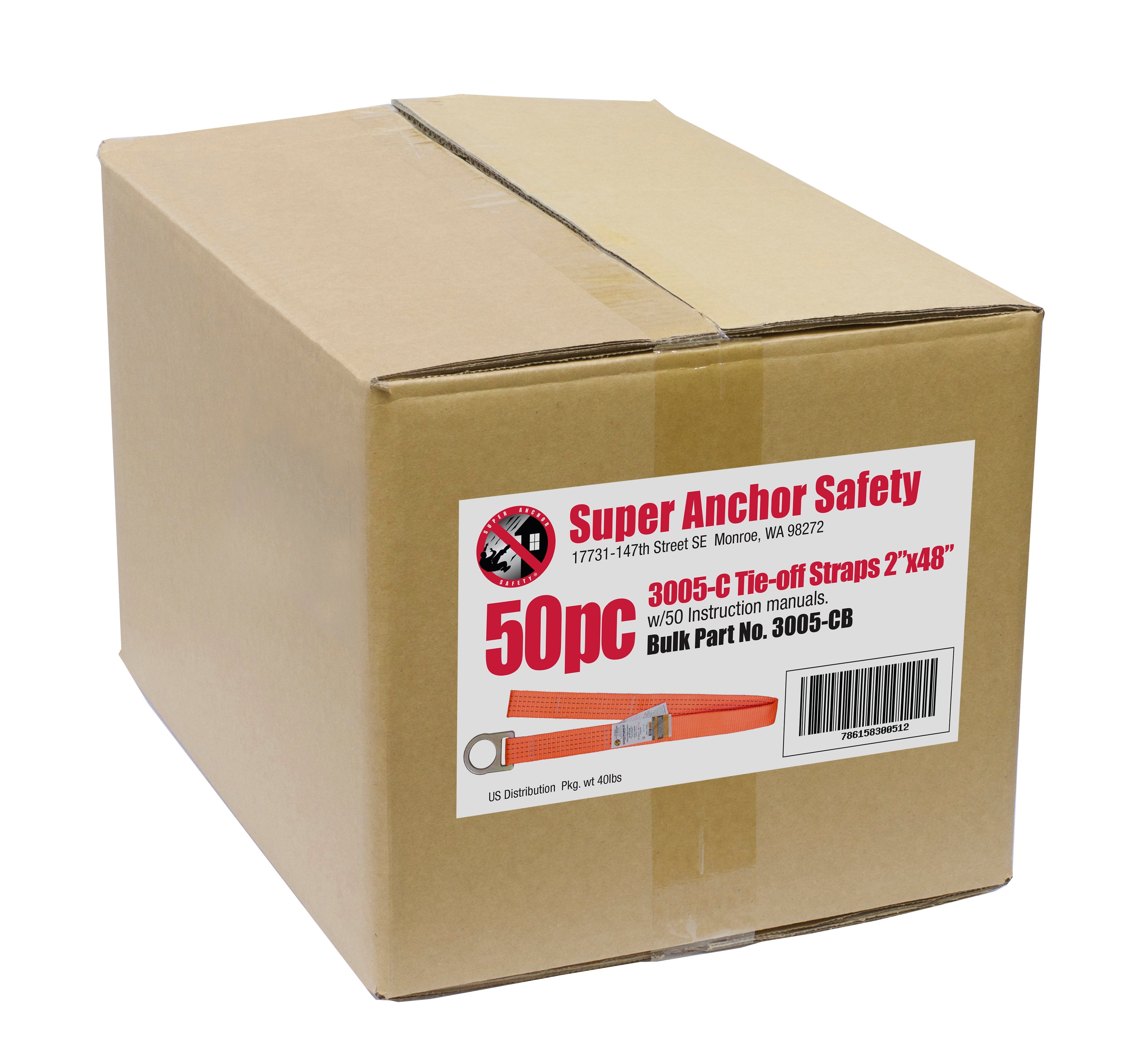 Superanker 48' Tie RABATT Strap. D-Ring und Loop End. Signalorange. 50 Stücke 3005-CB